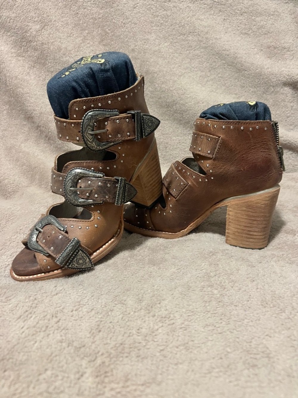 Freebird by Steven Brown Studded Buckle Open-Toe Heeled Booties